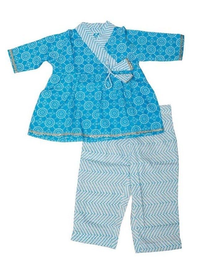 LITTLE DREAMS Traditional Motifs Printed Angrakha/Anarkali Kurti Pajam set for kids Sky Blue 18-24 Months