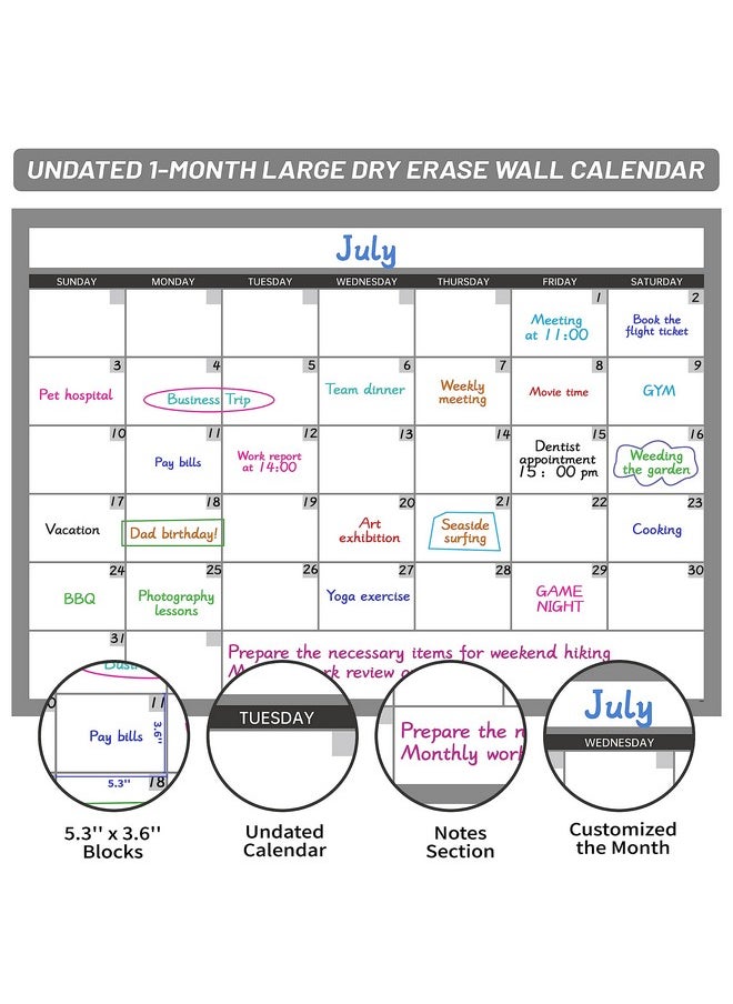 BooQool - Large Dry Erase Calendar For Wall, Undated 1 Month Wall Calendar, 40" X 28" Erasable & Reusable Laminated Calendar, 10 Round Stickers, Great Layout Wall Calendar Monthly For Home Office School - Image 1
