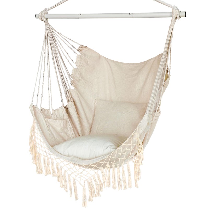 YAERSI Hammock Chair Hanging Rope Swing Seat with 2 CushionsMacrame Hanging Chair Side Pocket with High LoadBearing Metal Rodfor Indoor Outdoor Extra Comfortable