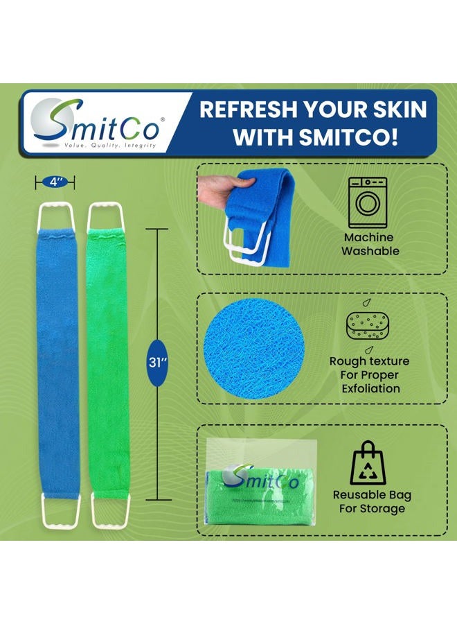 Smitco فرشاة ظهر للاستحمام - فرشاة تقشير الجسم للرجال والنساء - 2 منشفة تقشير أطول من معظمها - 31 بوصة طويلة للأماكن التي يصعب الوصول إليها - غسالة وعلاج حب الشباب في الظهر - Image 2