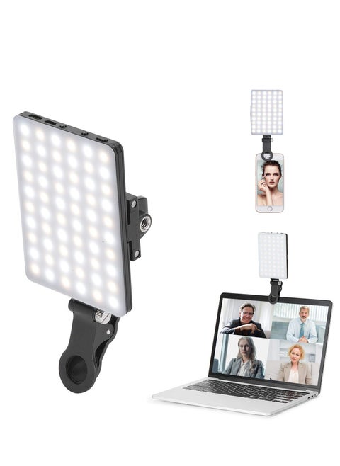 60 LED High Power Rechargeable Clip Fill Video Light with Front & Back Clip, Adjusted 3 Light Modes for Phone, iPhone, Android, iPad, Laptop, for Makeup, Selfie, Vlog, Video Conference