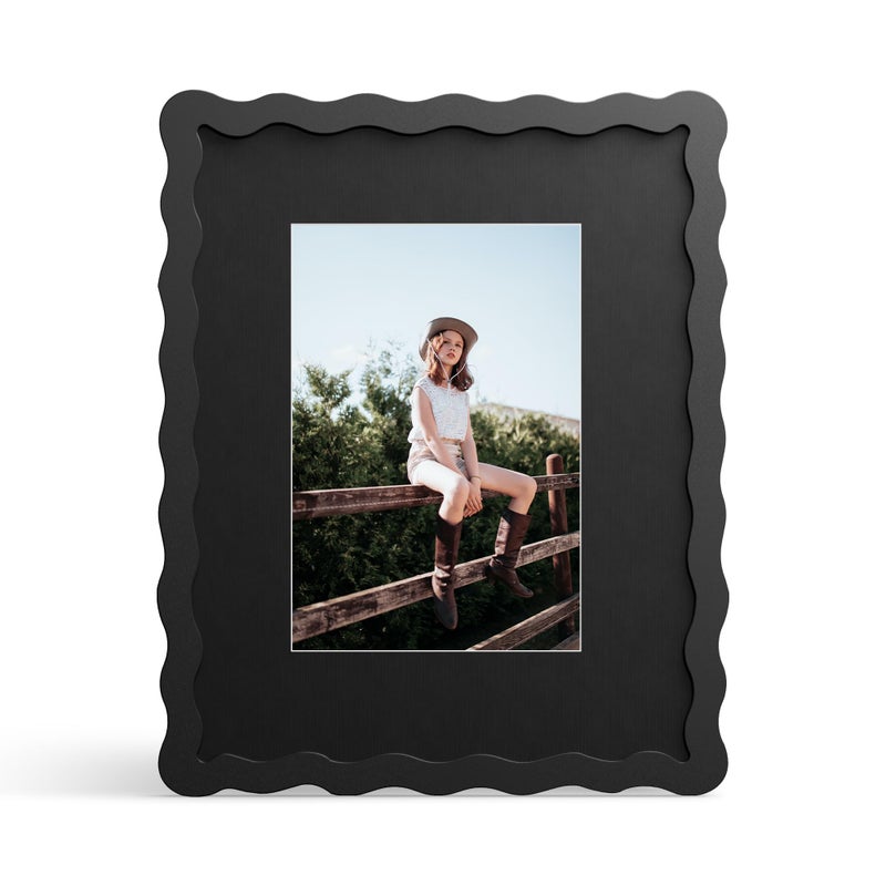 THKRLOF 8x10 Picture Frame with Mat for 5x7 Wavy Edge Wooden Real Glass Photo Frame for Tabletop and Wall Hanging Black 1 Pack - Image 2