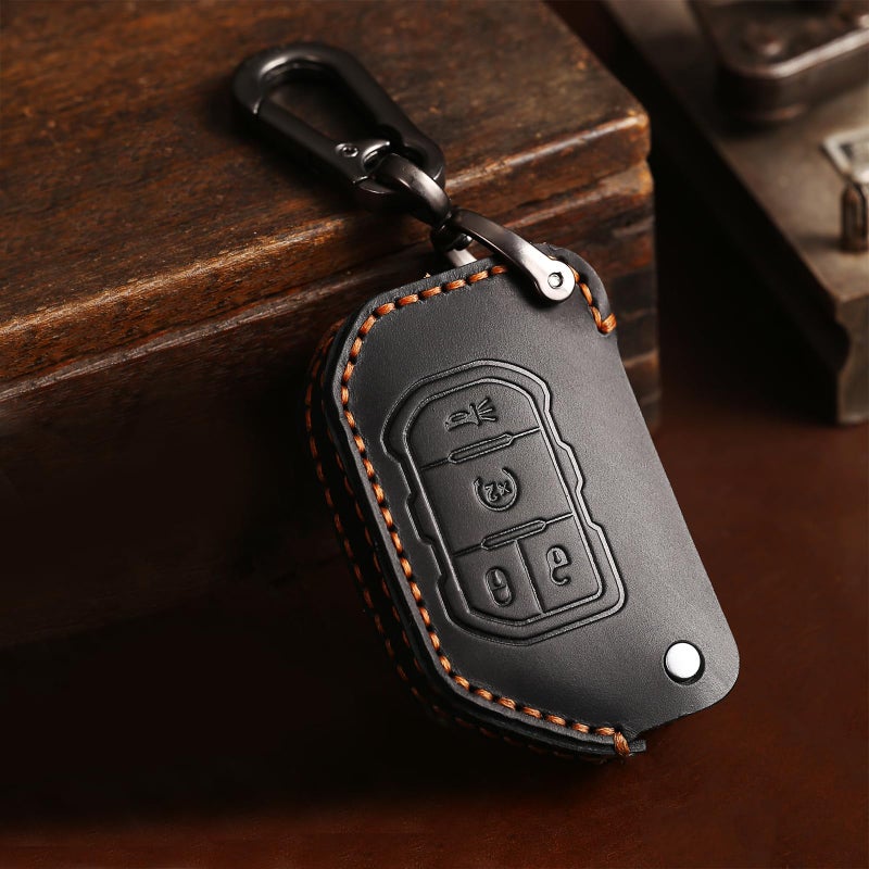 Aoocar 20182025 Flip Type Leather Key Fob Cover Compatible with Jeep Wrangler JL JLU Rubicon Wagoneer Gladiator JT Sahara JLU etc Retro Style Design Key Holder Protector Black - Image 3