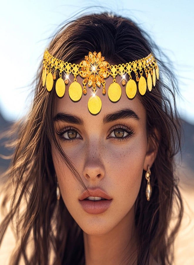 Urieo Boho Head Chain Gold Coin Headpiece Tassel Crystal Hair Accessories for Women - Image 4