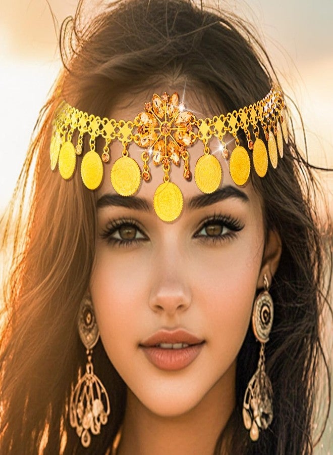 Urieo Boho Head Chain Gold Coin Headpiece Tassel Crystal Hair Accessories for Women - Image 2