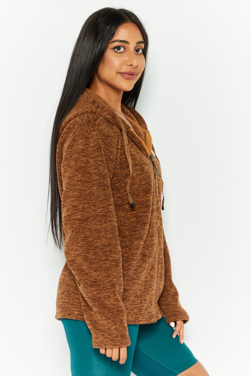 Hurley Women Hooded Long Sleeve Heather Full Zip Jacket, Brown - Image 3