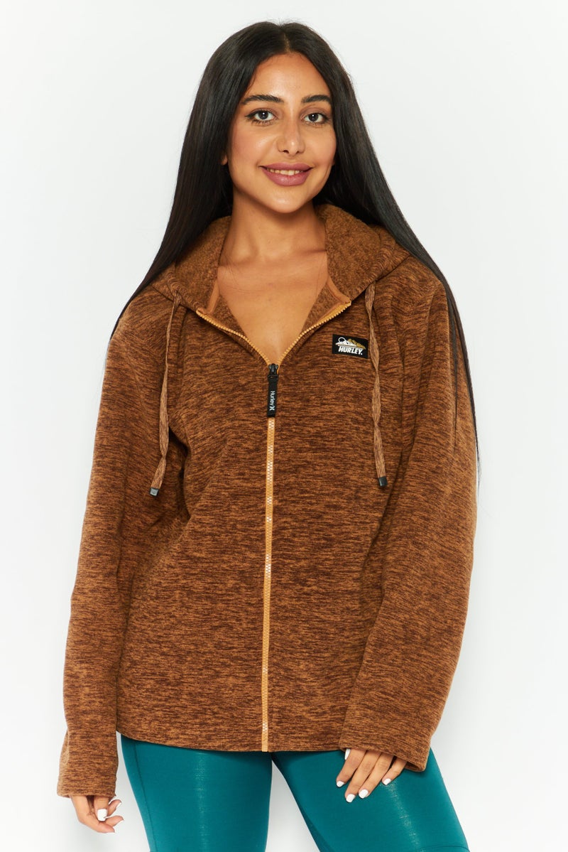 Hurley Women Hooded Long Sleeve Heather Full Zip Jacket, Brown - Image 1