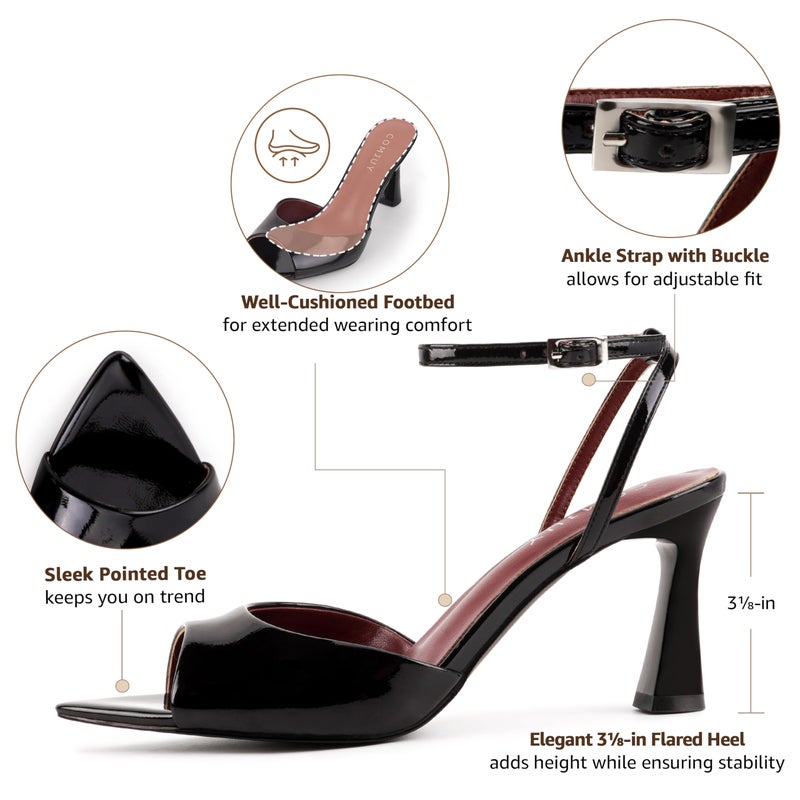 COMJUY Black Heels for Women Peep Pointed Toe Kitten Heeled Sandals Strappy Flared Heels Elegant Leather Sandals Comfortable Chic Summer Prom Wedding Sexy Dress Shoes Size 9 - Image 3