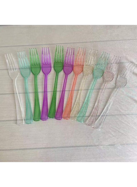 مجموعة من البلاستيك القابل للتصرف Ps Spoon Fork Glitter Powder Spoon Fork أواني الطعام للاستخدام لمرة واحدة أواني المطبخ الفضية - المواصفات: شوكة اللون: ألوان مخصصة
