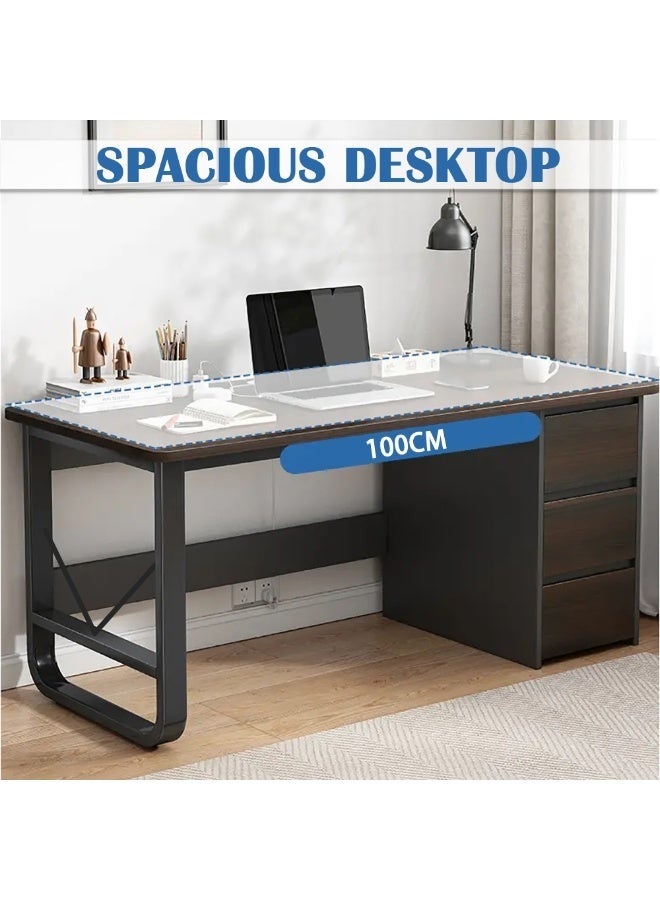 Computer Desk with Drawers, 100 x 50cm Office Desk with Storage & Under-Table Shelves for Small Spaces, Wood Writing Study Table for Home Office(DBL100-black) - Image 4