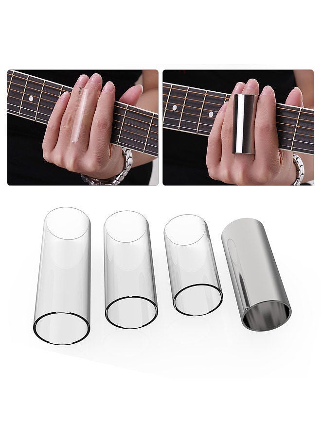 Guitar Slides Set Includes 3 Glass Slides (5.1cm/ 6cm/ 7cm) + 1 Stainless Steel Slide (6cm) + 4pcs Celluloid Thumb & Finger Picks(Random Color Delivery) with Plastic Storage Box