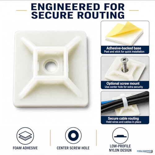 Kable Kontrol Zip Tie Mounts, 1” Sq, Natural White, 100 Pcs, Adhesive Backed Multi-Purpose Mounting Squares Nylon Cable Tie Wrap Anchor Pads for Cable Management - Image 4