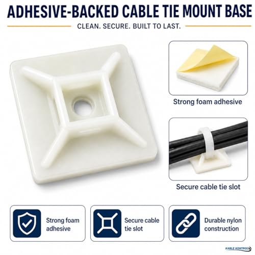 Kable Kontrol Zip Tie Mounts, 1” Sq, Natural White, 100 Pcs, Adhesive Backed Multi-Purpose Mounting Squares Nylon Cable Tie Wrap Anchor Pads for Cable Management - Image 2