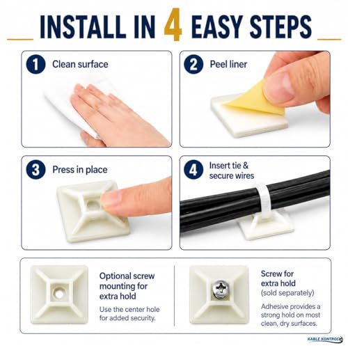 Kable Kontrol Zip Tie Mounts, 1” Sq, Natural White, 100 Pcs, Adhesive Backed Multi-Purpose Mounting Squares Nylon Cable Tie Wrap Anchor Pads for Cable Management - Image 5