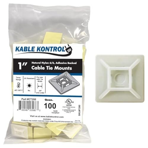 Kable Kontrol Zip Tie Mounts, 1” Sq, Natural White, 100 Pcs, Adhesive Backed Multi-Purpose Mounting Squares Nylon Cable Tie Wrap Anchor Pads for Cable Management - Image 1