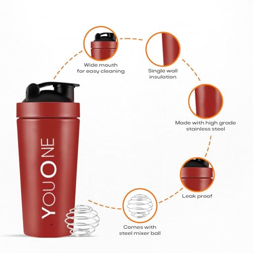 YOUONE Stainless Steel Shaker Bottles For Gym - 100% Leakproof Guarantee, Ideal For Protein, Pre Workout, Bcaas & Water Bpa Free Material (Red) - Image 2