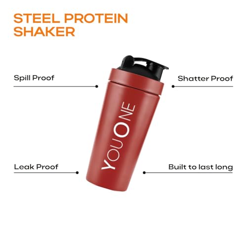 YOUONE Stainless Steel Shaker Bottles For Gym - 100% Leakproof Guarantee, Ideal For Protein, Pre Workout, Bcaas & Water Bpa Free Material (Red) - Image 3