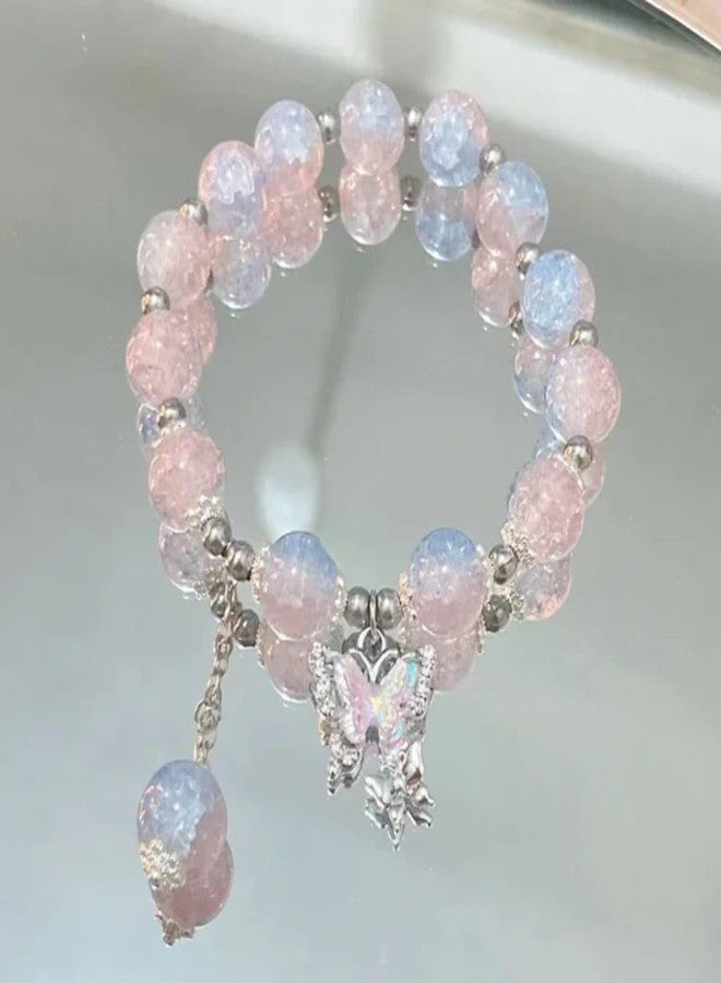 KHUSHA CREATIONS Pastel Crystal Beaded Butterfly Charm Bracelet for Girls & Women | Dual Layer Elastic Cute Bracelet | Kawaii Aesthetic Jewelry Gift - Image 2
