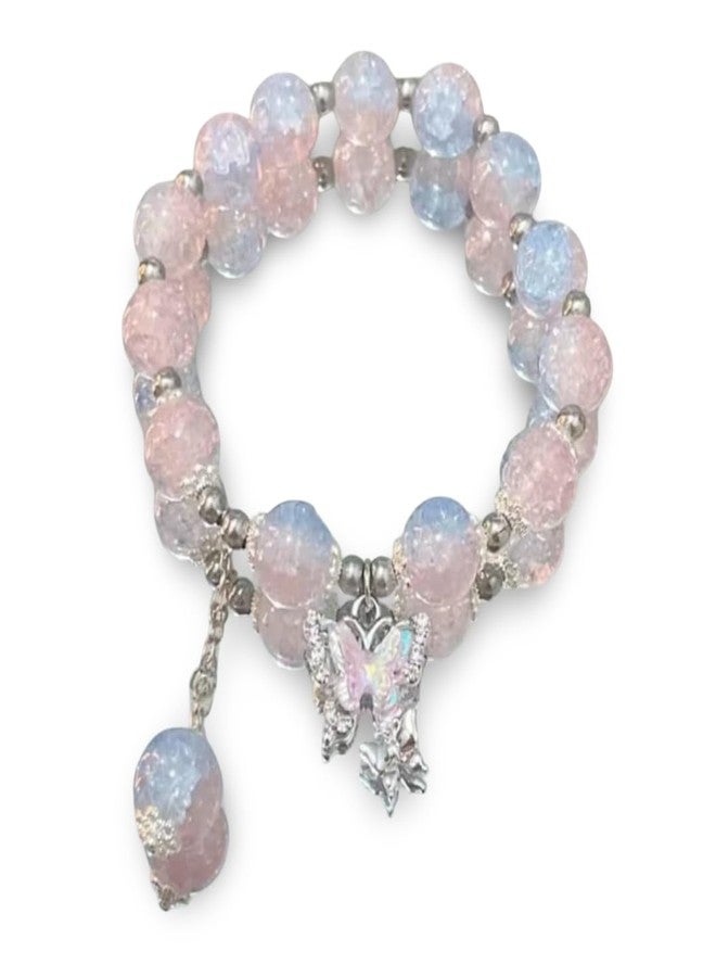 KHUSHA CREATIONS Pastel Crystal Beaded Butterfly Charm Bracelet for Girls & Women | Dual Layer Elastic Cute Bracelet | Kawaii Aesthetic Jewelry Gift - Image 1
