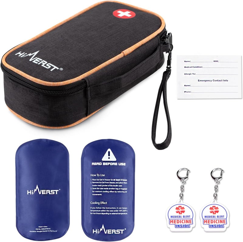 Insulin Travel Case with 2 Ice Packs, Extra-Large Diabetes Travel Case, Medication Cooler for Travel with 2 Alert Keychains, Portable Injection Travel Case for Medicine Storage