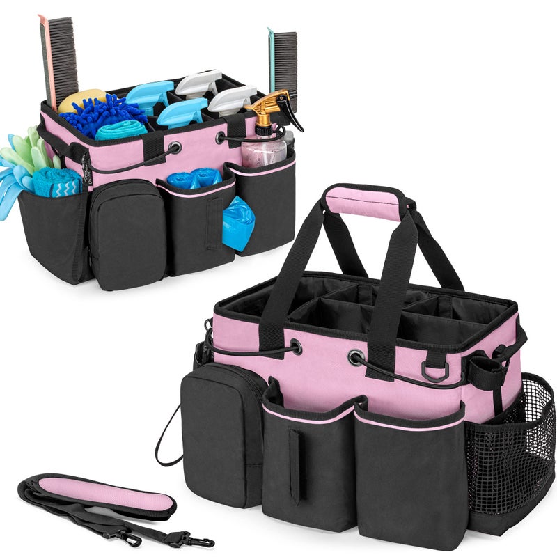 LoDrid Large Professional Cleaning Caddy with Detachable Divider Supply Organizer with Handle and Shoulder Strap Cleaning Bags for Housekeepers  Cleaners Pink