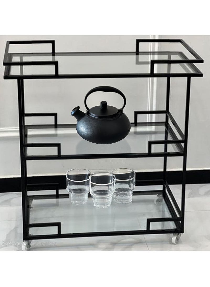 HOME TASTE Black Metal Bar Cart – 3 Clear Glass Shelves, Lockable Wheels, Elegant Serving Trolley for Home, Office & Hospitality (100x40x90 cm)  - Image 3