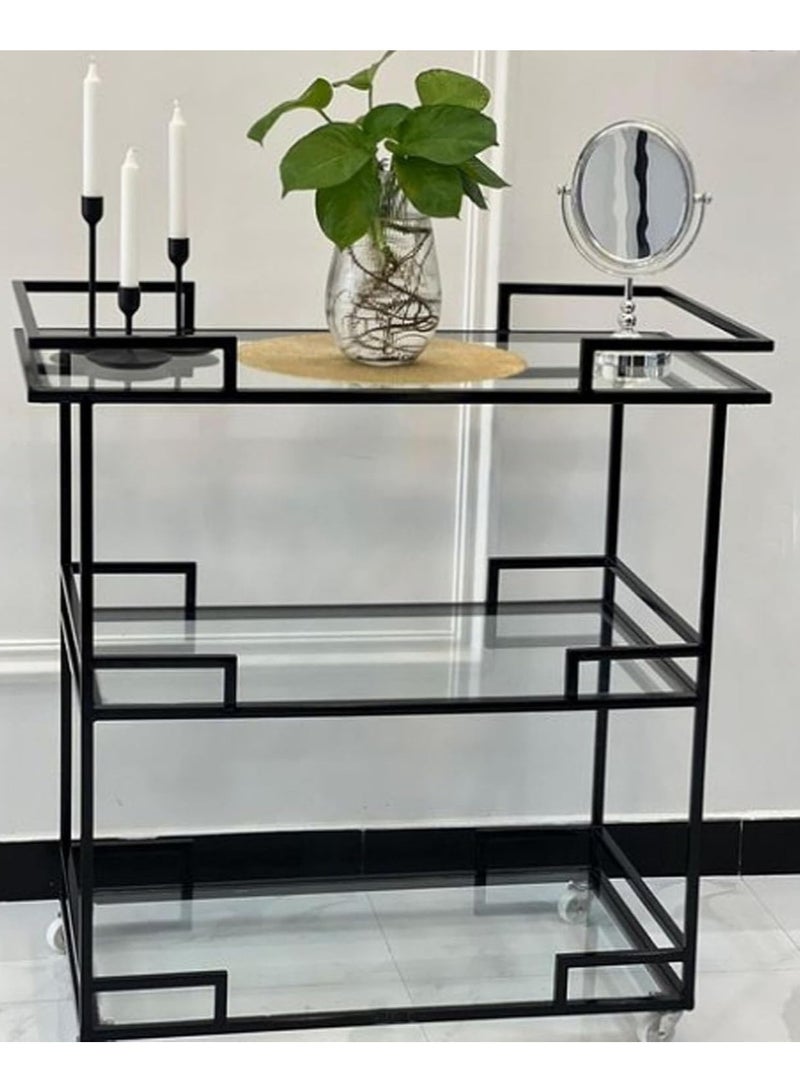 HOME TASTE Black Metal Bar Cart – 3 Clear Glass Shelves, Lockable Wheels, Elegant Serving Trolley for Home, Office & Hospitality (100x40x90 cm)  - Image 1