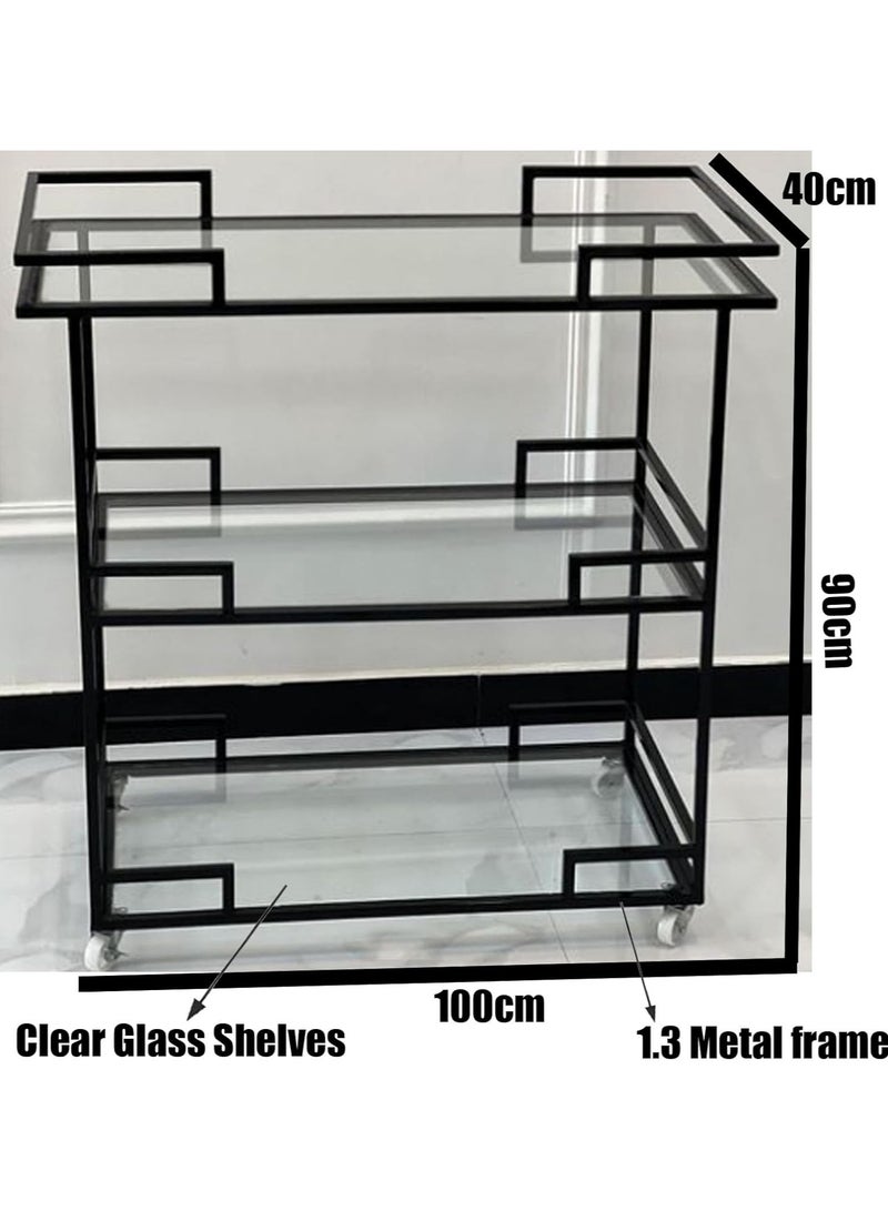 HOME TASTE Black Metal Bar Cart – 3 Clear Glass Shelves, Lockable Wheels, Elegant Serving Trolley for Home, Office & Hospitality (100x40x90 cm)  - Image 2