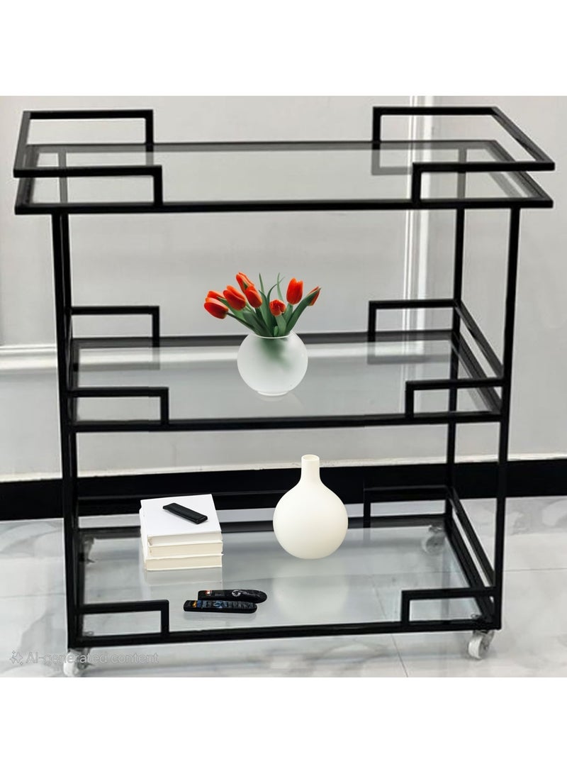 HOME TASTE Black Metal Bar Cart – 3 Clear Glass Shelves, Lockable Wheels, Elegant Serving Trolley for Home, Office & Hospitality (100x40x90 cm)  - Image 5