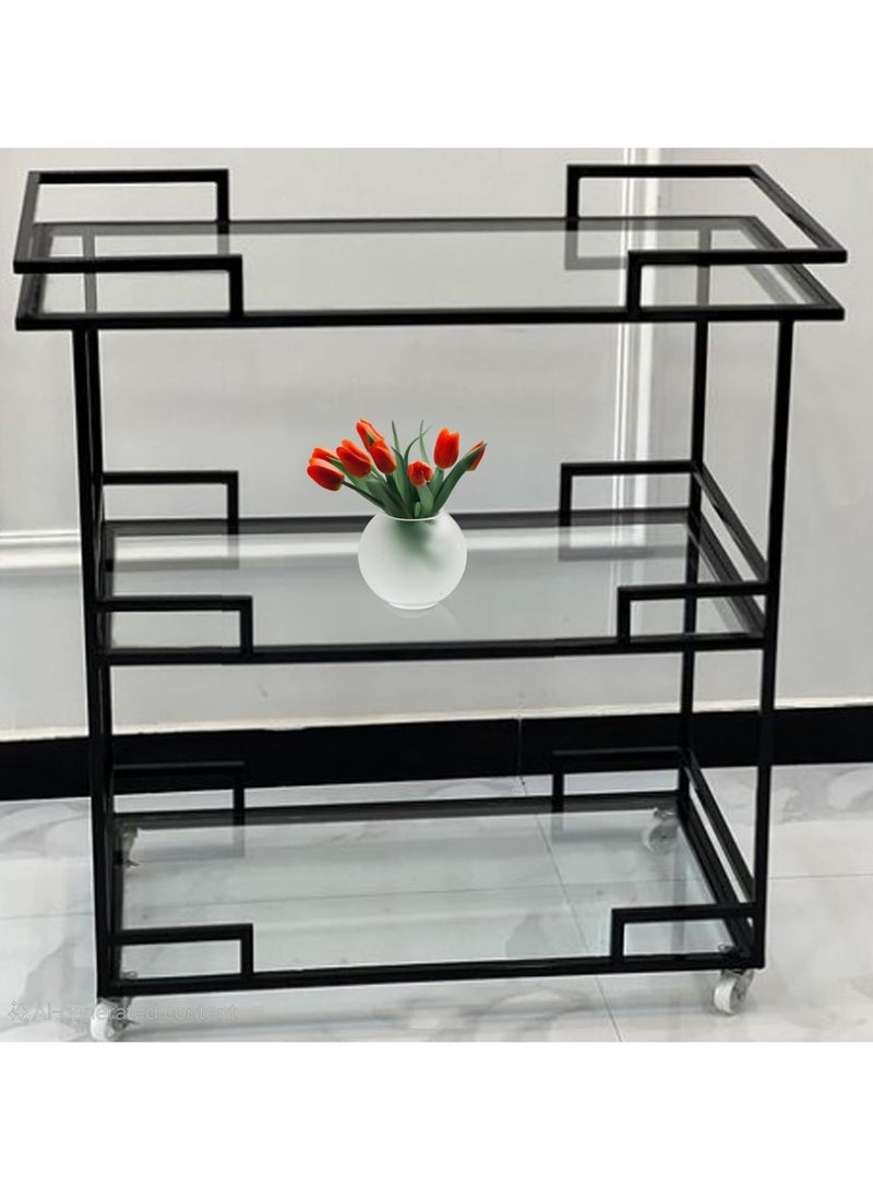 HOME TASTE Black Metal Bar Cart – 3 Clear Glass Shelves, Lockable Wheels, Elegant Serving Trolley for Home, Office & Hospitality (100x40x90 cm)  - Image 4