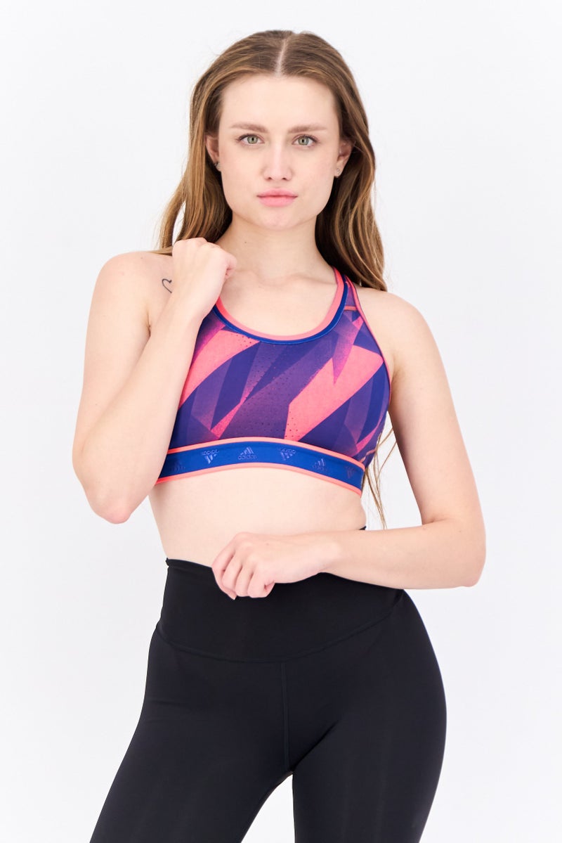 Adidas Women Brand Logo Padded Sports Bra, Neon Pink - Image 1