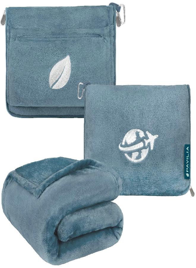 PAVILIA PAVILIA Travel Blanket and Pillow Set, Airplane Blanket Compact 2-in-1 Soft Bag, Travel Essentials for Adult Flight, Portable Throw with Arm Hole, Plane Car Traveling Gift Accessories, Blue - Image 1