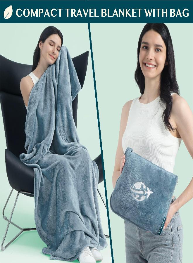 PAVILIA PAVILIA Travel Blanket and Pillow Set, Airplane Blanket Compact 2-in-1 Soft Bag, Travel Essentials for Adult Flight, Portable Throw with Arm Hole, Plane Car Traveling Gift Accessories, Blue - Image 2