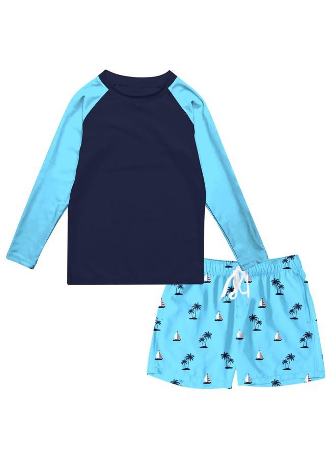 SunFocus Boys Long Sleeve Rash Guard Swimsuit Kids 2-Pieces Bathing Suits Set, Blue Sailboat, 9-10 Years - Image 1