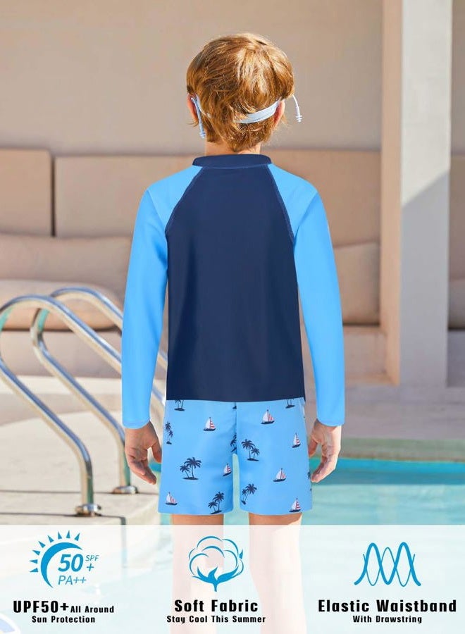 SunFocus Boys Long Sleeve Rash Guard Swimsuit Kids 2-Pieces Bathing Suits Set, Blue Sailboat, 9-10 Years - Image 5