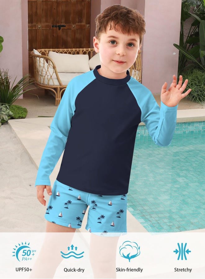SunFocus Boys Long Sleeve Rash Guard Swimsuit Kids 2-Pieces Bathing Suits Set, Blue Sailboat, 9-10 Years - Image 2