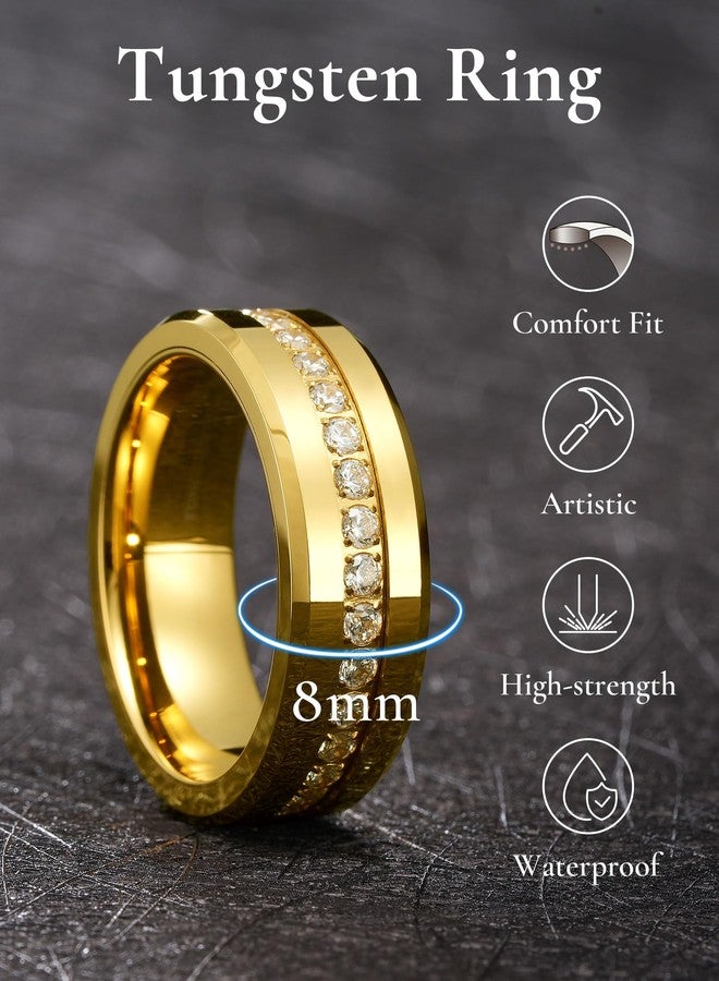 King Will 8mm Tungsten Wedding Band White Cubic Zircon Stones Inlaid Mens Full Eternity Ring Engagement Promise Rings with Diamonds High Polished Beveled Edges Comfit Fit Durable, Gold Plated Size 10 - Image 2