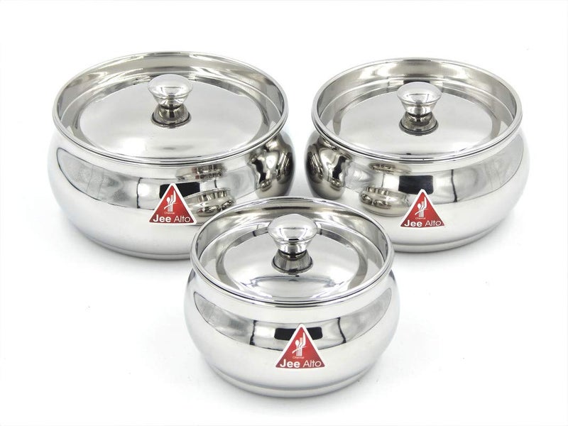 JEE ALTO Stainless Steel Round Apple Multipurpose ContainerServing DishStorage Pot Small Set of 3 pcs 300 ml 425ml 575 ml - Image 3