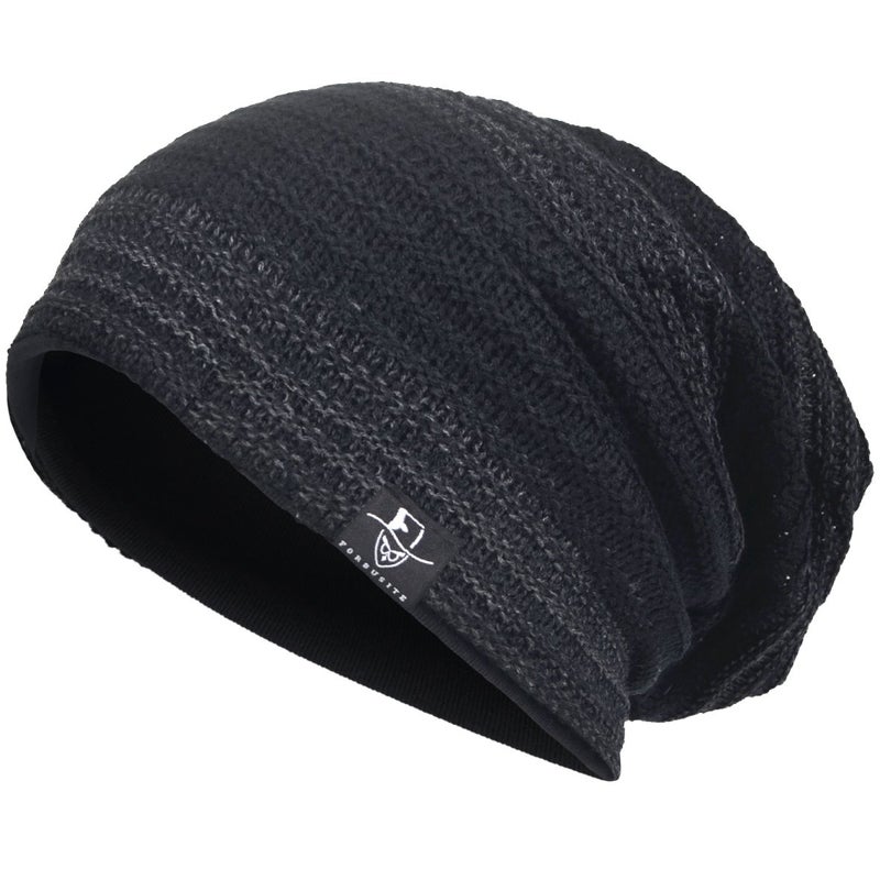 VECRY Mens Slouchy Beanie Knit Skull Cap Long Baggy Hip-hop Winter Summer Hat B305 (Retro-Black&Dgrey) - Image 1