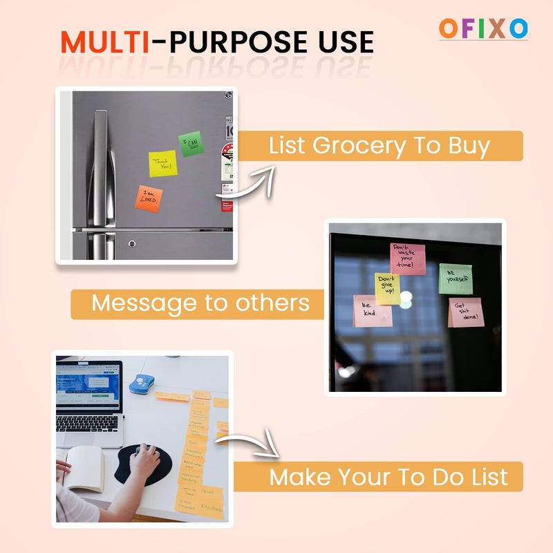 OFIXO 400 Sheets (5 Mix Color * 80 Sheets Each Color) Fluorescent Paper Self Adhesive Memo Pad Sticky Notes Bookmark Point It Marker Memo Sticker, Multicolor - Image 3
