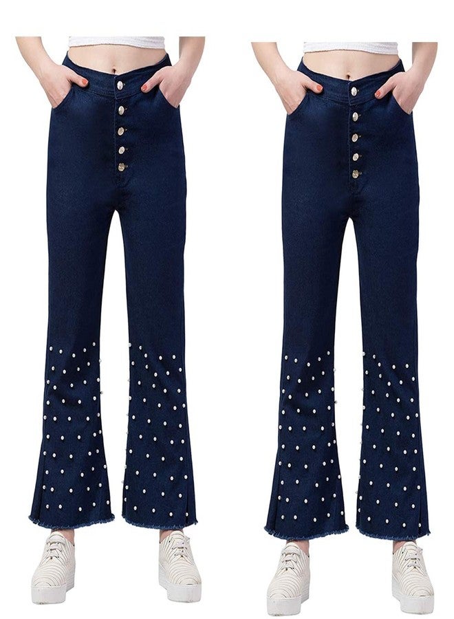 Malvina Girl's Casual Pearl Style Denim Palazzo Jeans (Dark Blue & Light Blue,32)-(Pack of 02) - Image 1