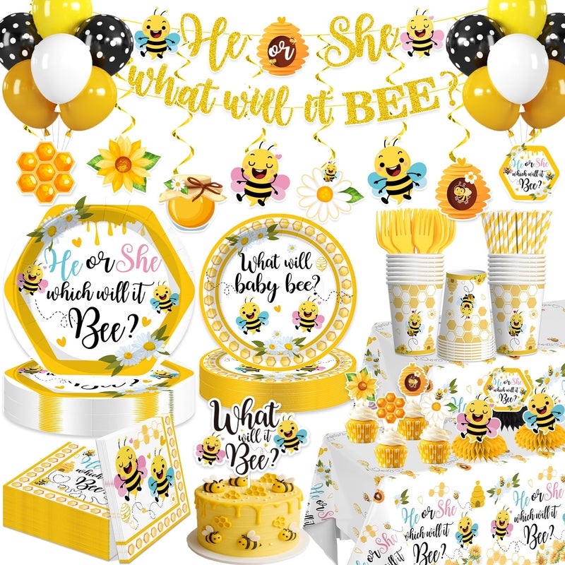 Yingoto 207 PCS What Will Baby Bee Gender Reveal Decorations What Will Baby Bee Tableware Set with Plates Napkins 2 Tablecloths Banner Cake Topper for Bee Gender Reveal Decorations Serves 25 - Image 2