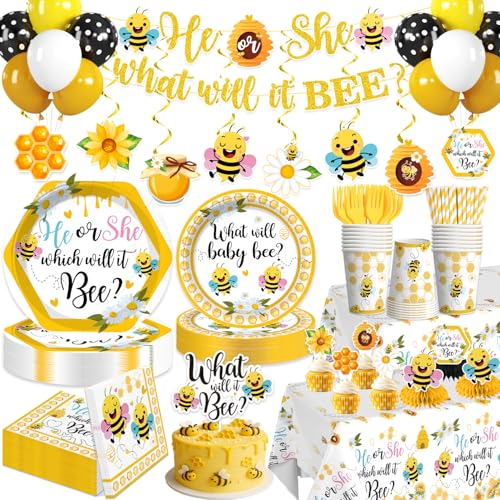 Yingoto 207 PCS What Will Baby Bee Gender Reveal Decorations What Will Baby Bee Tableware Set with Plates Napkins 2 Tablecloths Banner Cake Topper for Bee Gender Reveal Decorations Serves 25 - Image 1