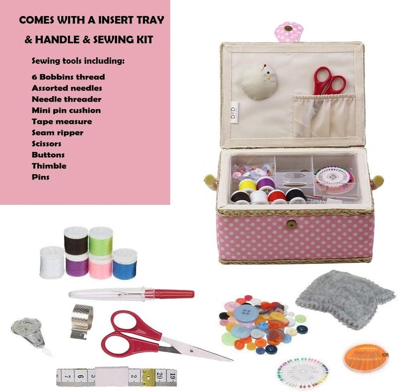 DD Medium Sewing Basket with Accessories, Wooden Sewing Box Organizer Box for Sewing Supplies Storage, DIY Sewing Kit Tools for Sewing Mending, Pink Polka Dots - Image 2