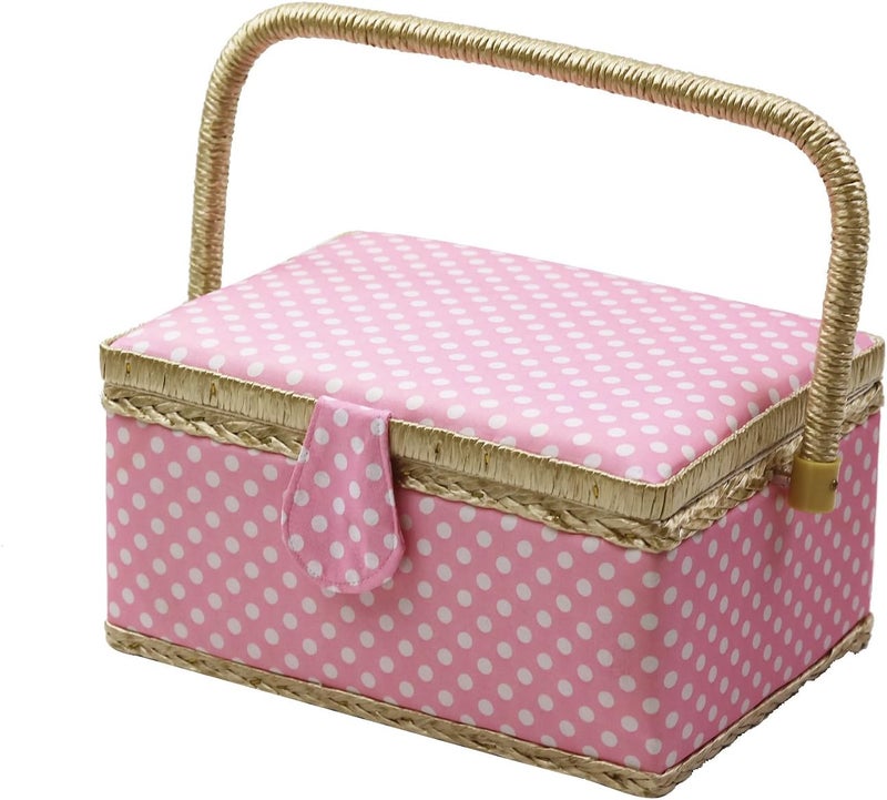 DD Medium Sewing Basket with Accessories, Wooden Sewing Box Organizer Box for Sewing Supplies Storage, DIY Sewing Kit Tools for Sewing Mending, Pink Polka Dots - Image 3