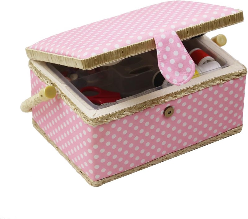 DD Medium Sewing Basket with Accessories, Wooden Sewing Box Organizer Box for Sewing Supplies Storage, DIY Sewing Kit Tools for Sewing Mending, Pink Polka Dots - Image 1