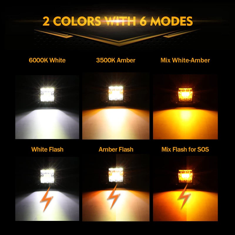 Auxbeam 3 Inch 72W LED Cube Light Bar Amber/White Work LED Pod Lights Off-Road Driving Lights for Truck SUV Boat 4x4 Jeep Wrangler (Six Modes Lighting) - Image 2