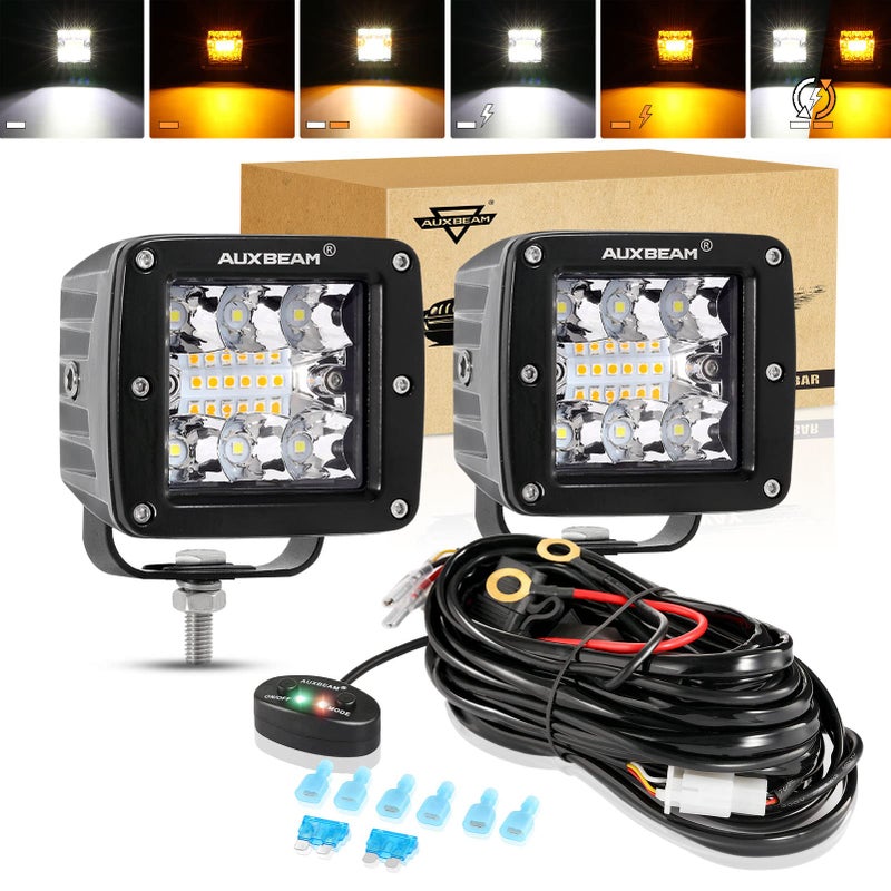 Auxbeam 3 Inch 72W LED Cube Light Bar Amber/White Work LED Pod Lights Off-Road Driving Lights for Truck SUV Boat 4x4 Jeep Wrangler (Six Modes Lighting) - Image 1