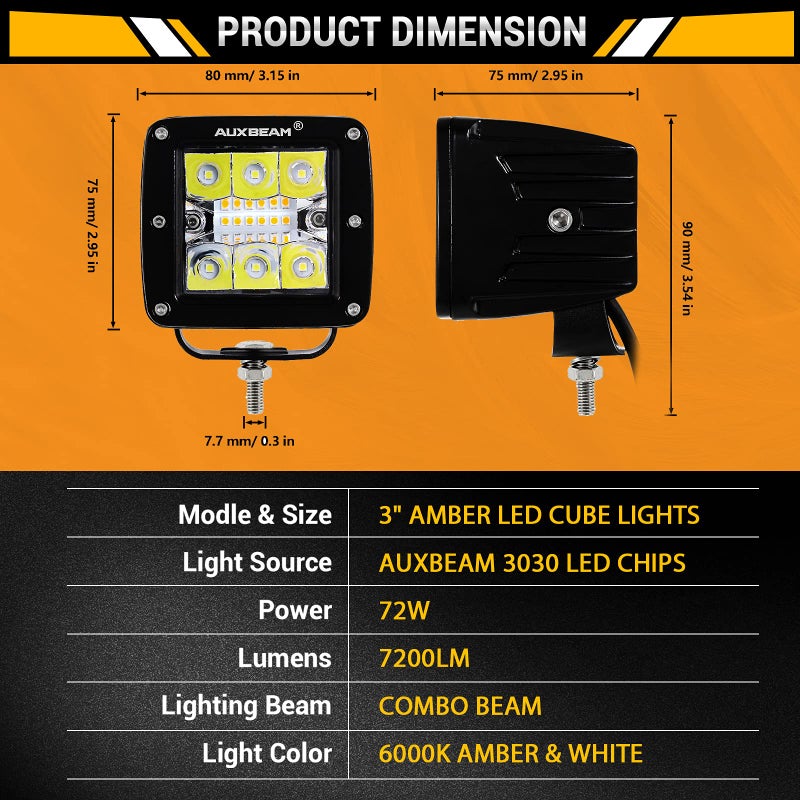 Auxbeam 3 Inch 72W LED Cube Light Bar Amber/White Work LED Pod Lights Off-Road Driving Lights for Truck SUV Boat 4x4 Jeep Wrangler (Six Modes Lighting) - Image 5