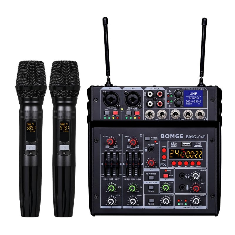 BOMGE 04E karaoke Audio mixer4 Channel Mixer With Dual UHF Wireless Mic 329FT Sound Board Console Bluetooth 48V Phantom Power USB Audio Interface DJ Mixing for Party Computer Studio Recording KTV - Image 2